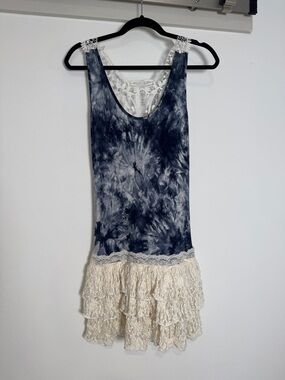 Navy blue Tie-Dye Lace Trim Tank Dress Cream Lace Ruffle Skirt Size Med Large